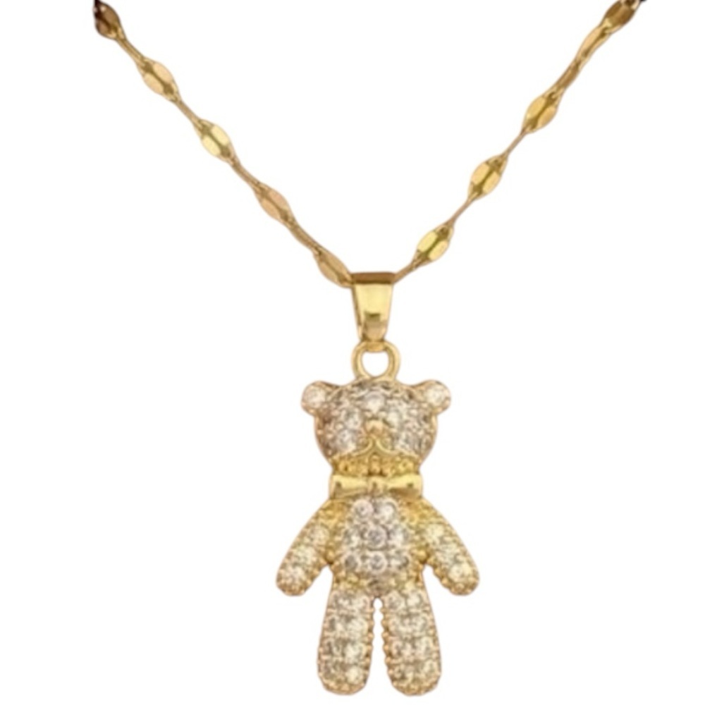 Gold Teddy Bear Pendant Necklace Pave Cubic Zirconia Stainless Steel NWT